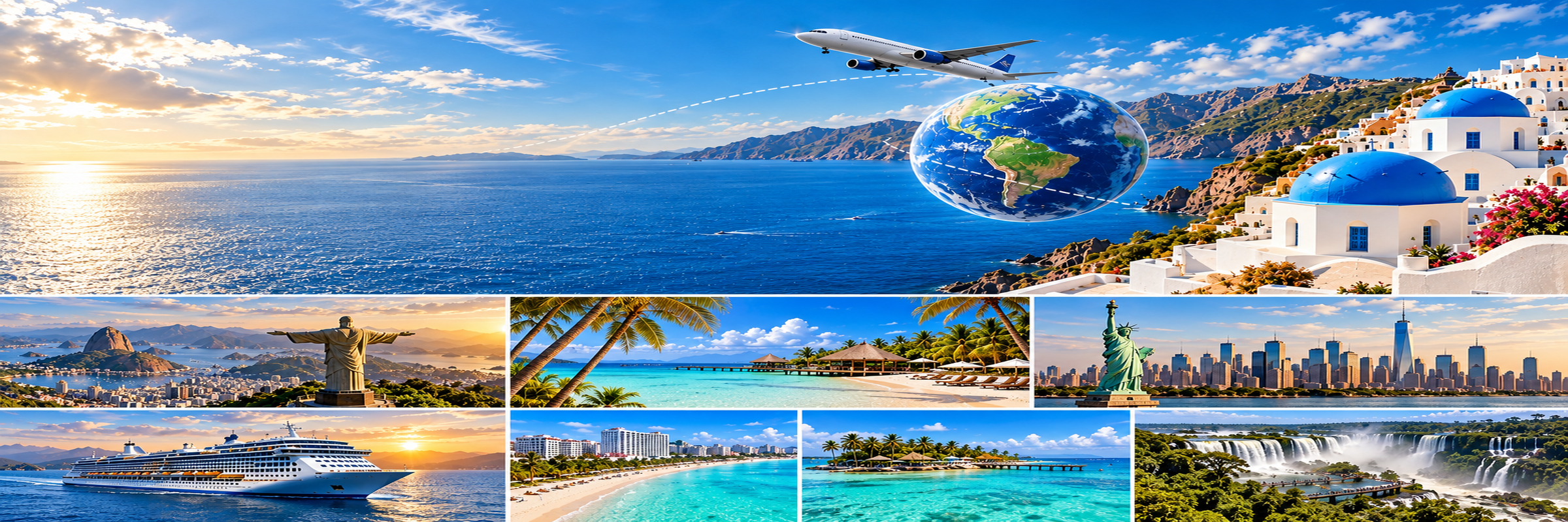 Collage of world travel: a plane, a globe, beaches and landmarks